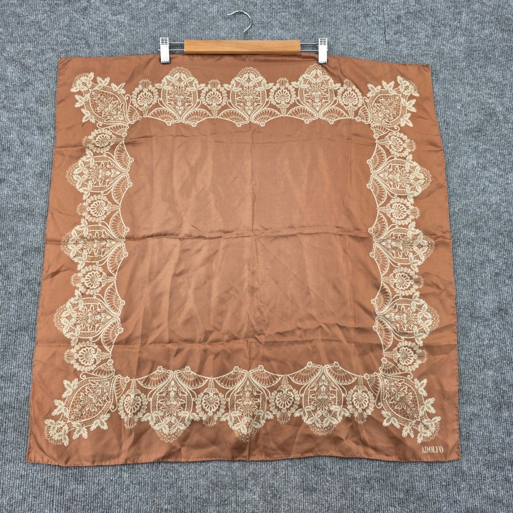 Adolfo Vintage Silk Scarf Copper Brown Cream Lace Floral Border Made in Japan